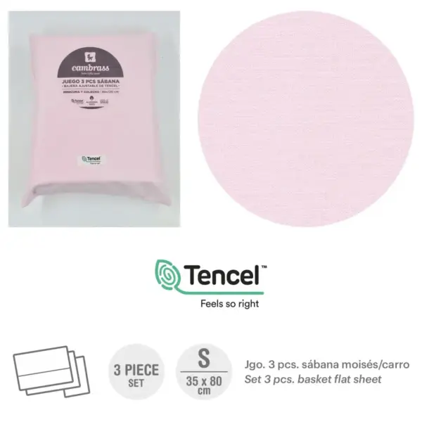 Tríptico sábanas moisés/carro 35x80x1 cm liso e rosa