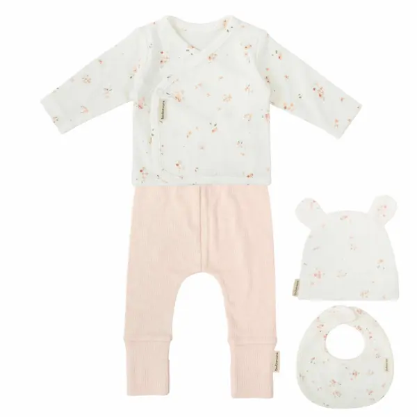 Set nacimiento Bimbidreams Monet de 4 piezas para primera puesta. Incluye jubón cruzado, polaina, gorrito y babero. Bambú y algodón orgánico.