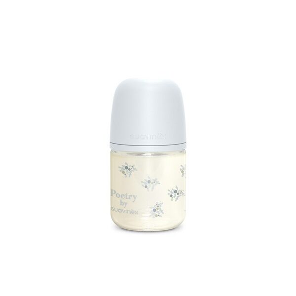 Biberón de vidrio 120 ml Suavinex Poetry Azul con tetina fisiológica SX Pro