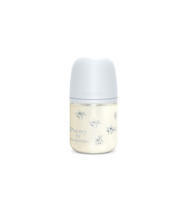 Biberón de vidrio 120 ml Suavinex Poetry Azul con tetina fisiológica SX Pro